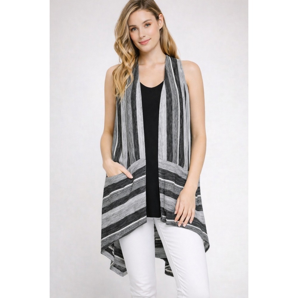 SYMPLI NEW Cutting Corners Black Wavy Stripe Pocket Knit Vest SZ 8 Lagenlook